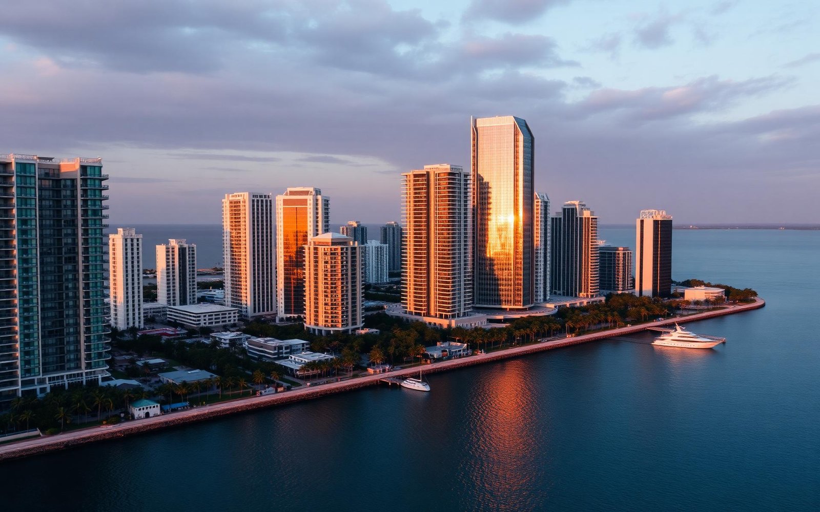 Aerial view of the Miami waterfront skyline at golden hour