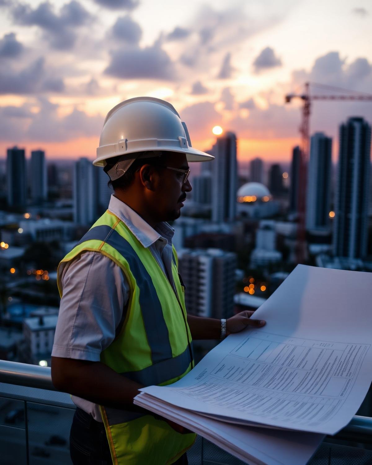 Construction manager reviewing plans at dusk