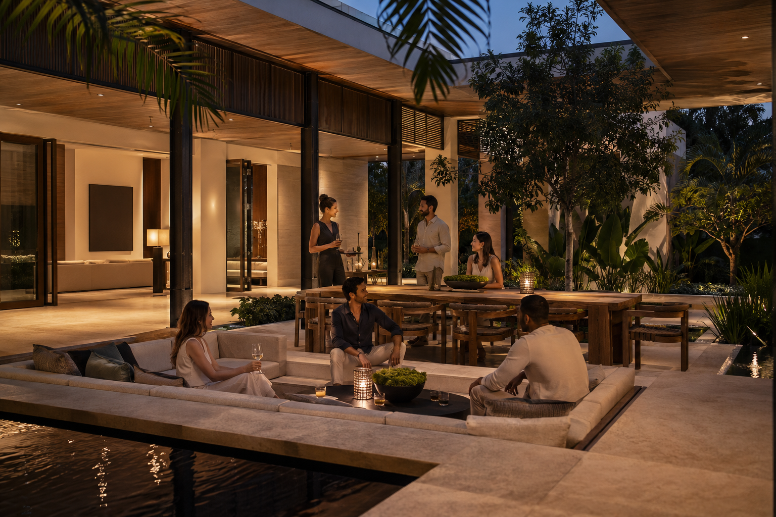 Evening hospitality lounge and social terrace